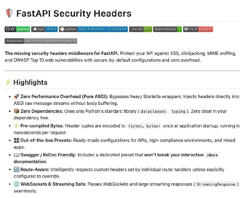 🖥 Заголовки безопасности для FastAPI - одной строкой 🛡️