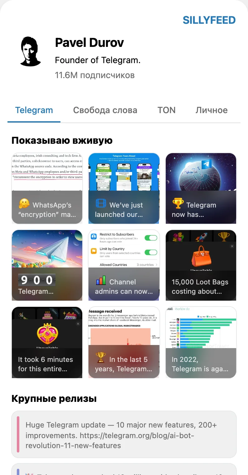 Витрина канала @durov в SillyFeed: шапка канала и сетка постов