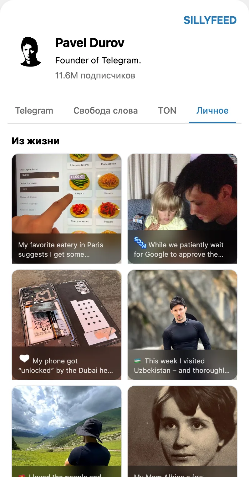 Витрина канала @durov, тематическая вкладка: блоки постов, разложенные по темам.